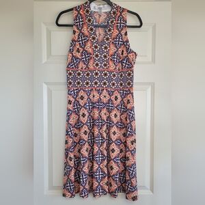 Wisp Petites Orange and Blue Floral Print Sleeveless Sundress - Size 8P (Petite)